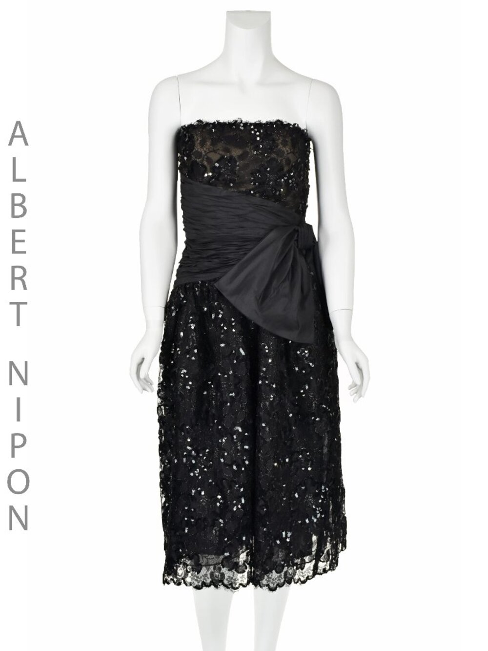 ALBERT NIPON Vintage Black Lace & Taffeta Strapless Evening Dress, SZ 2-4